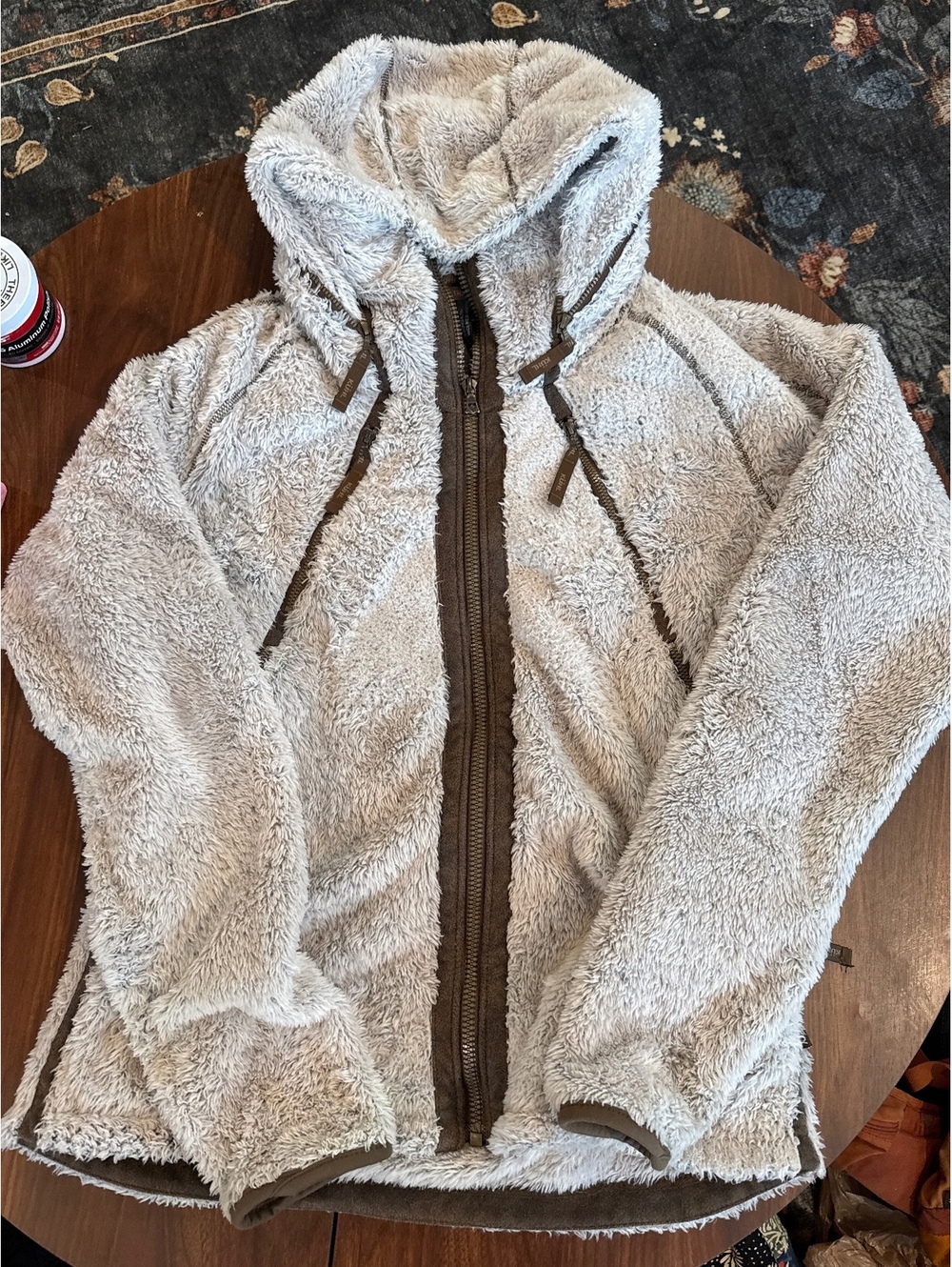 Kuhl Women's Hooded Fleece Jacket in Cream with Brown Trim